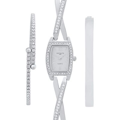 Ladies silver embellished watch and bracelet set
